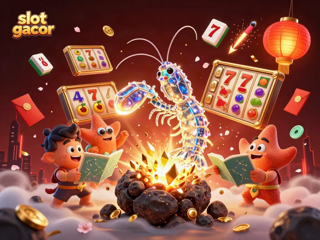 Experience slot gacor excitement with a galactic samurai shrimp amidst winning symbols and golden treasures.