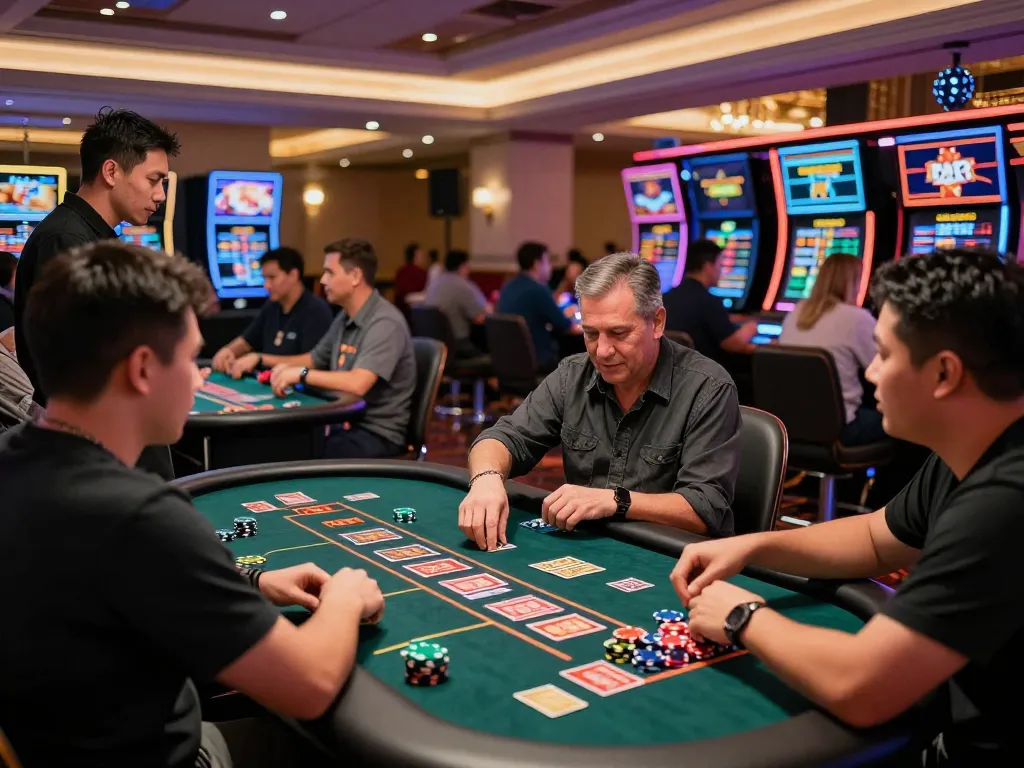 Exciting live casino experience at bong99 with players, vibrant tables, and dynamic gaming atmosphere.