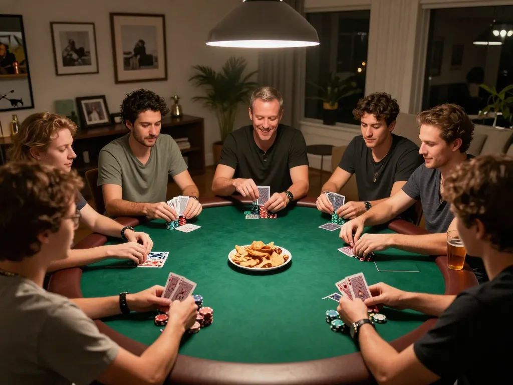 Friends enjoying an engaging poker night at home, demonstrating strategic gameplay in a fun environment with BL555.