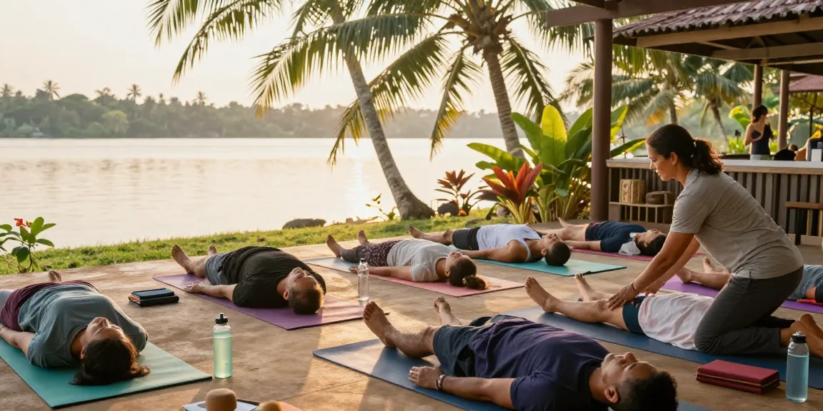 Yoga courses Sri Lanka in a serene lakeside studio, students practicing yoga with an instructor amidst tropical surroundings.