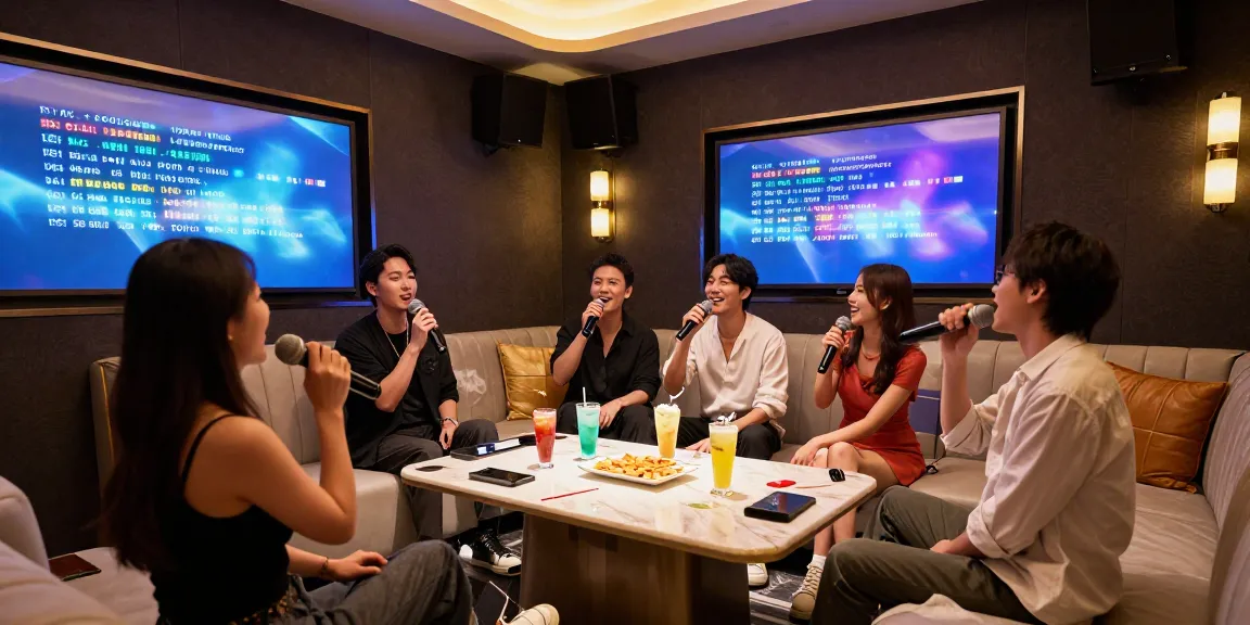 강남가라오케 https://www.gangnammicroom.com의 고급스러운 프라이빗 룸에서 친구들과 노래를 즐기는 모습.