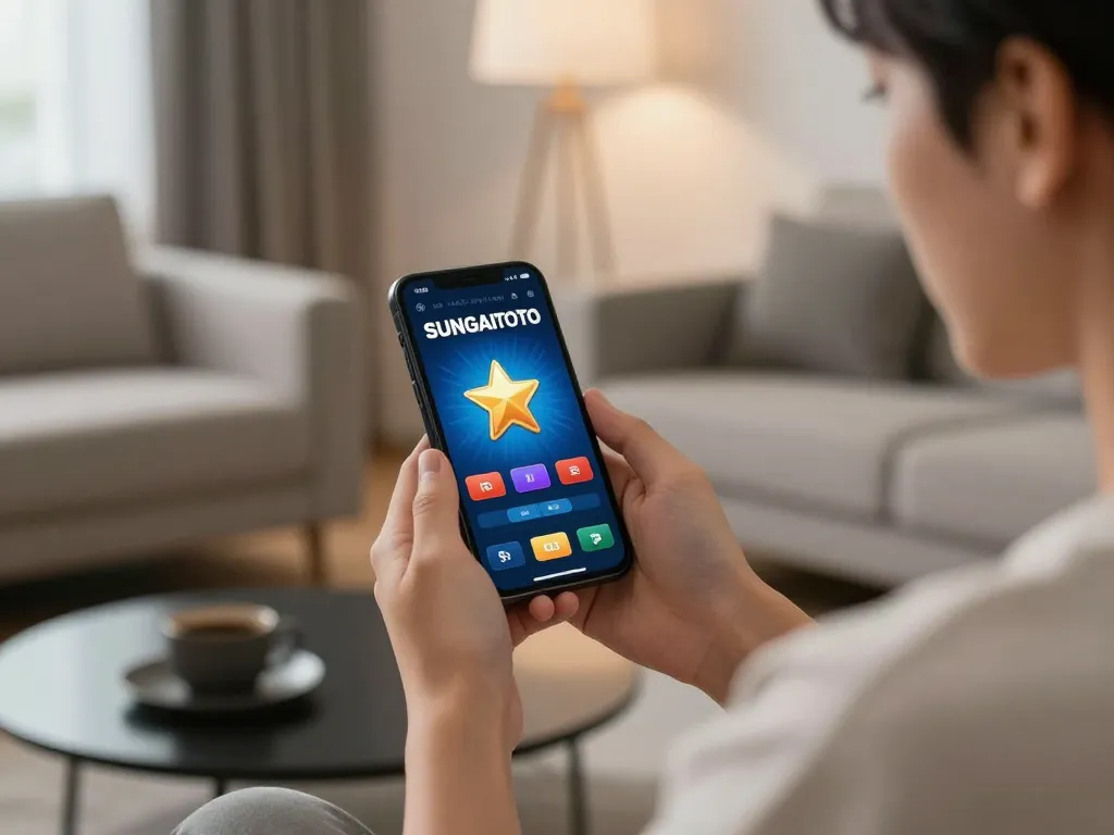 SUNGAITOTO app displayed on smartphone during betting action in a stylish home setup
