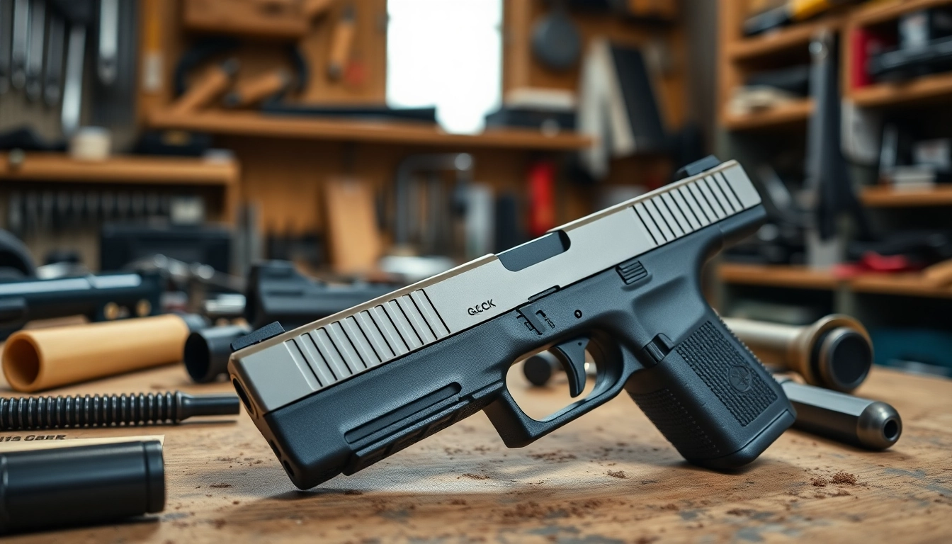 Buy glock 17 slide for sale highlighting its craftsmanship and precision in a workshop.