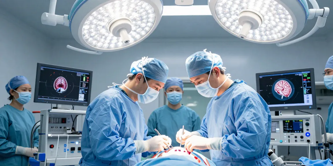Beyin ameliyatı in progress, highlighting detailed surgical procedure and teamwork in modern operating room.