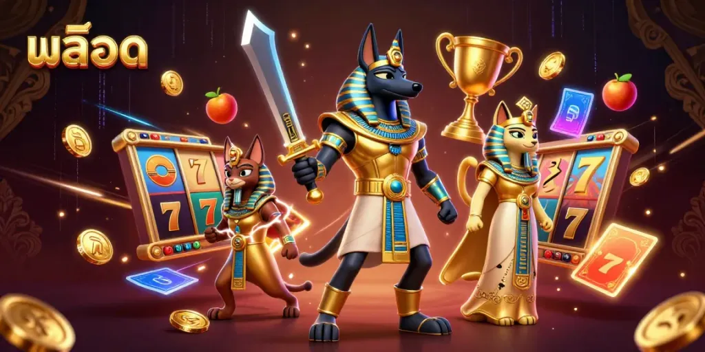 Experience thrilling สล็อต gameplay with Anubis and Bastet in a luminous casino scene.