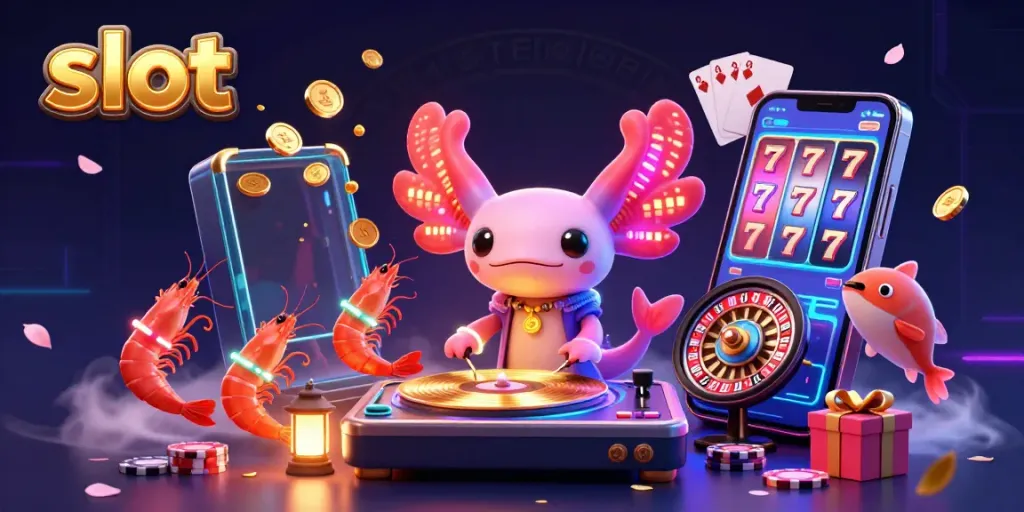 Slot permainan menampilkan karakter aksolot DJ neon dengan permainan slot penuh warna dan koin emas.