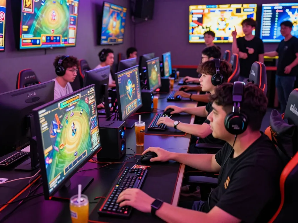 Group of gamers intensely enjoying slot games at ligasedayu's vibrant online gaming hub.