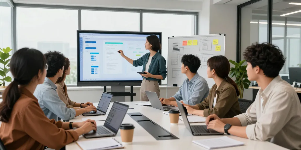 Team collaborating on WhatsApp下載 app features in a modern workspace, showcasing technology innovation.