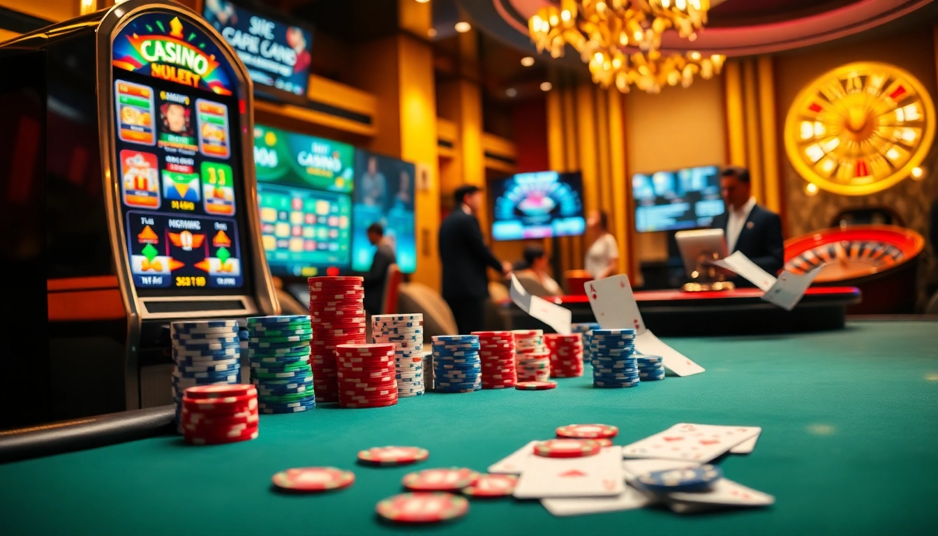 Scène captivante d'un casino en ligne avec des tables de poker et des machines à sous, mettant en avant l'excitation du jeu.
