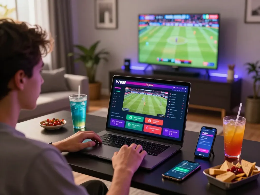 Engaging W88 online betting scene with live sports displayed on laptop and vibrant atmosphere.