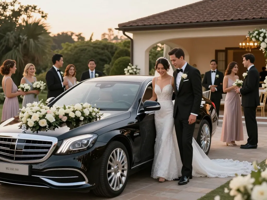 Cảnh đám cưới sang trọng với một chiếc thuê xe cưới Mercedes tại một địa điểm trang nhã, ghi lại khoảnh khắc vui vẻ của cặp đôi cô dâu và chú rể.