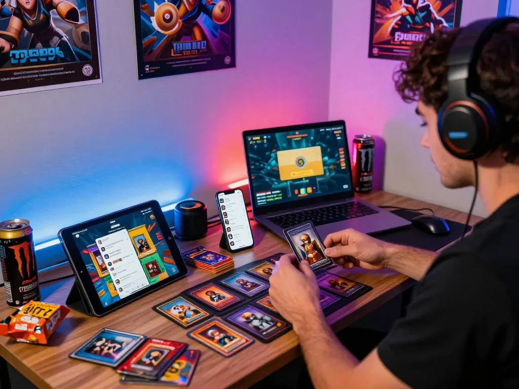 ゲームプレイを示すデジタルデバイスやカラフルなライトの中で、デスクでエクストレカ招待コードカードを持つゲーマーの魅力的なシーン。