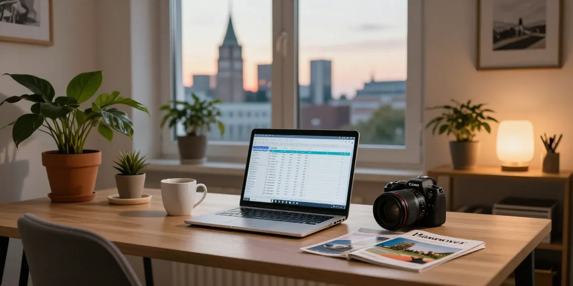 Gemütliche Monteurwohnung Hannover mit Arbeitsplatz, warmes Licht und Hannover Skyline.