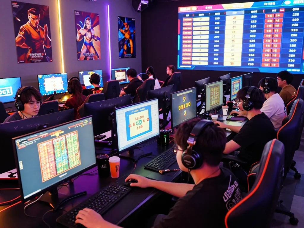 Players immersed in the BAYITOTO Toto Togel 4D gaming experience, showcasing vibrant setups and competitive atmosphere.