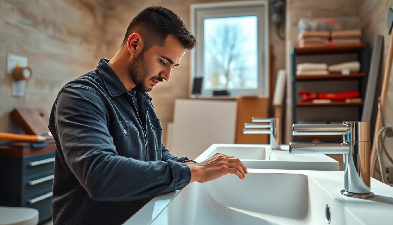 Techniker installiert moderne sonni sanitär Produkte in einem hellen Badezimmer.