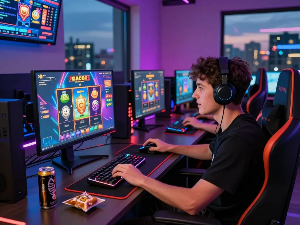 Exciting gaming setup featuring a player engaged in slot gacor gameplay, vibrant colors and modern accessories showcase immersive online gaming.
