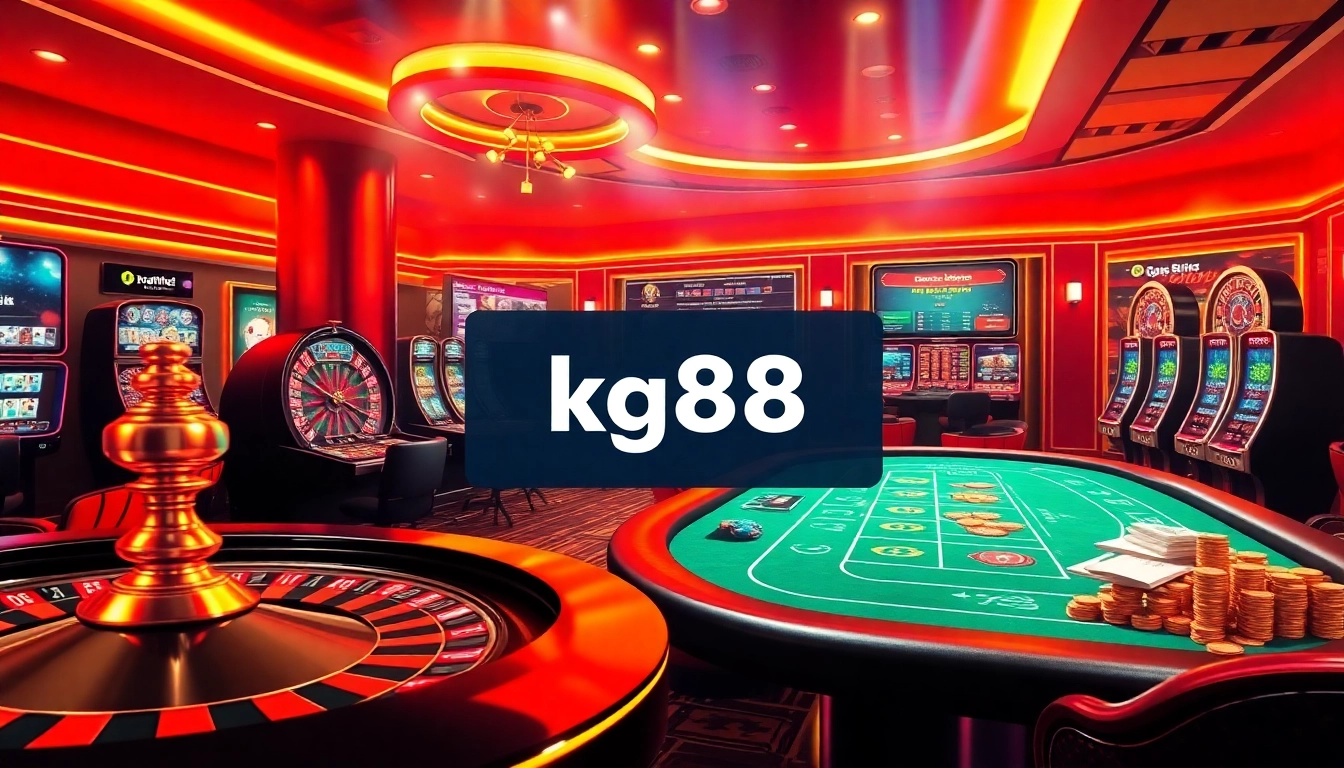 Experience the excitement of kg88 with a luxurious online casino scene featuring roulette, slot machines, and poker tables.