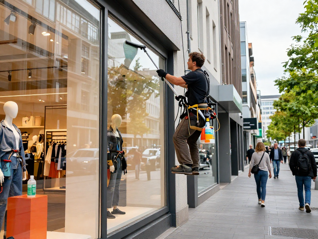 Schaufensterreinigung Dortmund: Professioneller Fensterputzer reinigt Schaufenster in belebtem Stadtzentrum.
