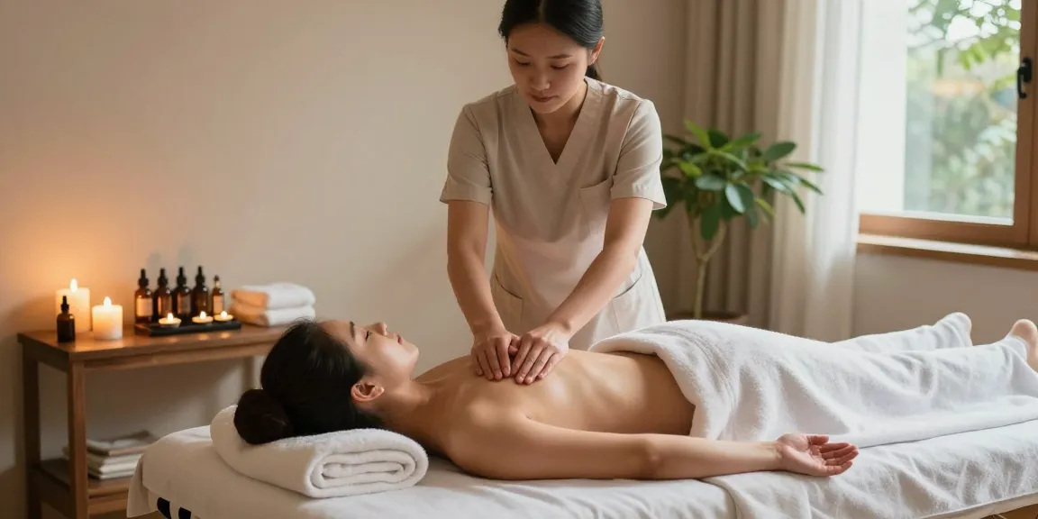 마사지 테라피를 받고 있는 고객과 치료사가 편안한 스파 분위기에서 휴식을 취하는 모습