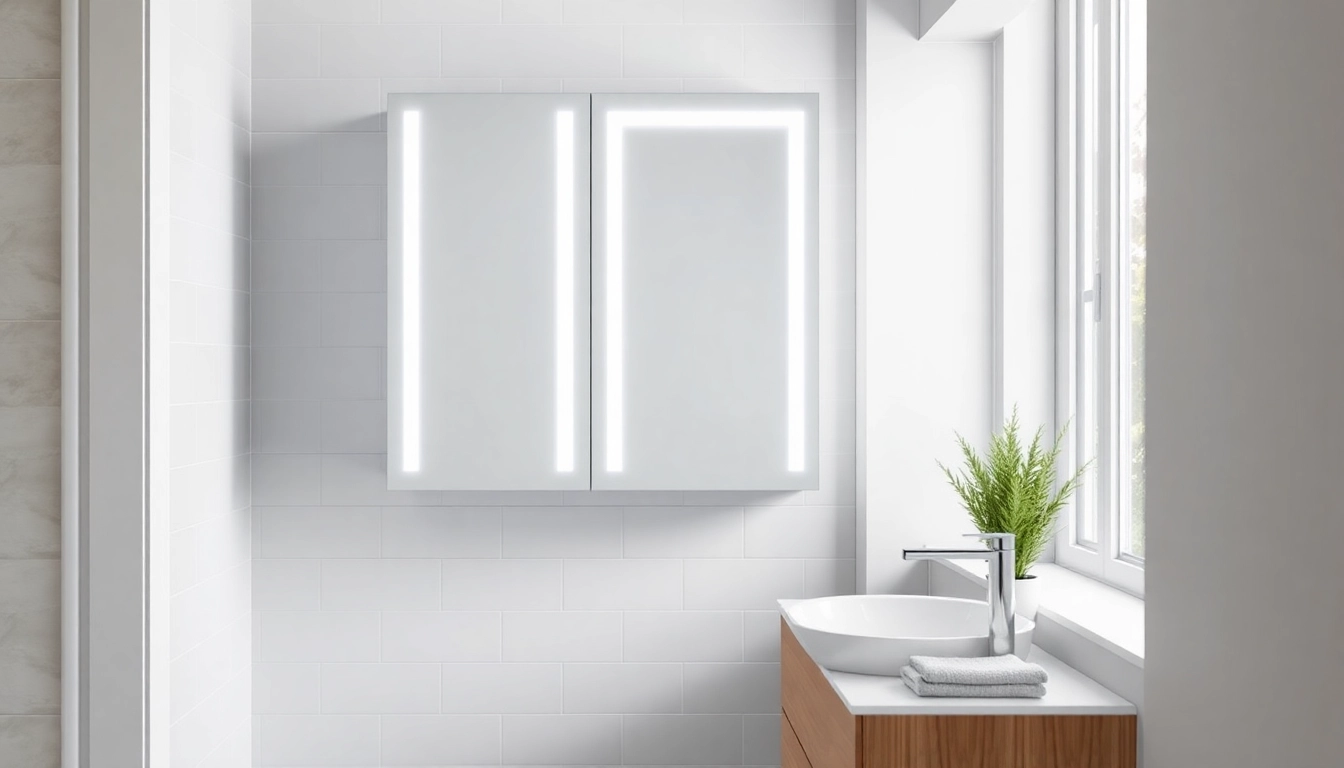 Entdecken Sie den eleganten Spiegelschrank mit LED-Beleuchtung im modernen Badezimmer.