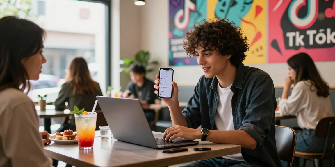 Engaging scene for günstig tiktok follower kaufen in a trendy café with an influencer boosting their social media presence.