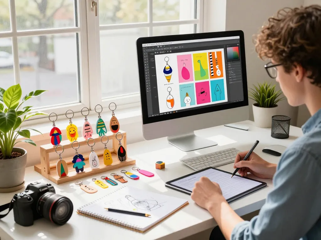 Designer creating custom keychains in a vibrant workspace with colorful designs, tools, and natural lighting.