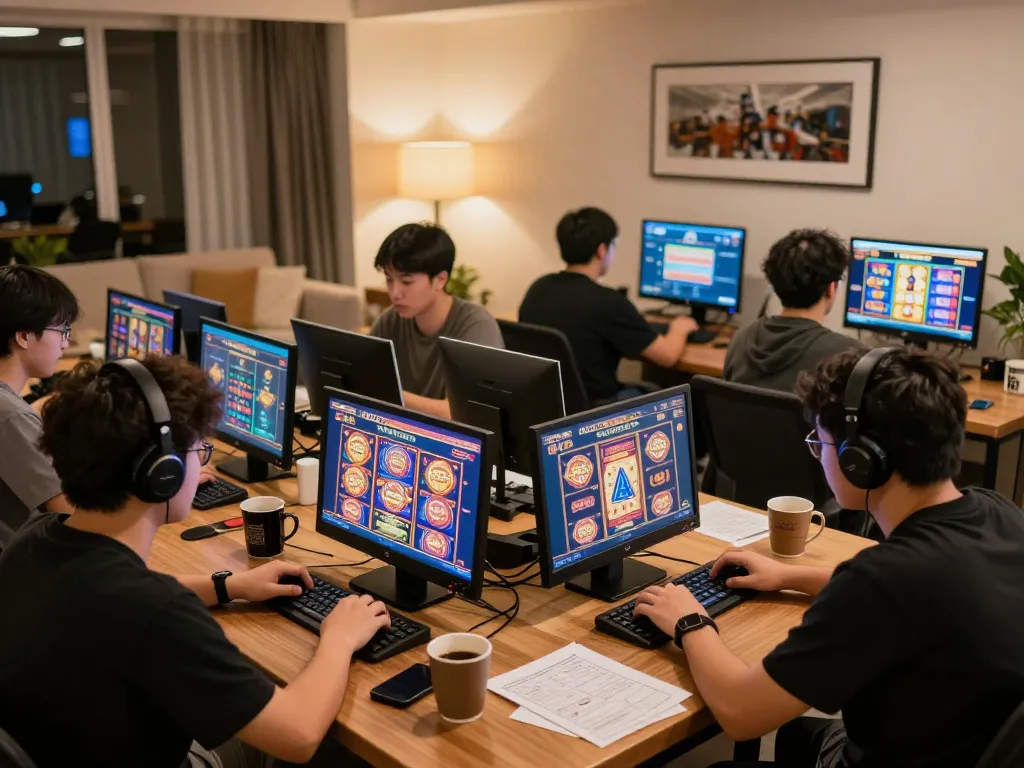 Players enjoying slot gacor games on devices in a vibrant online gaming atmosphere