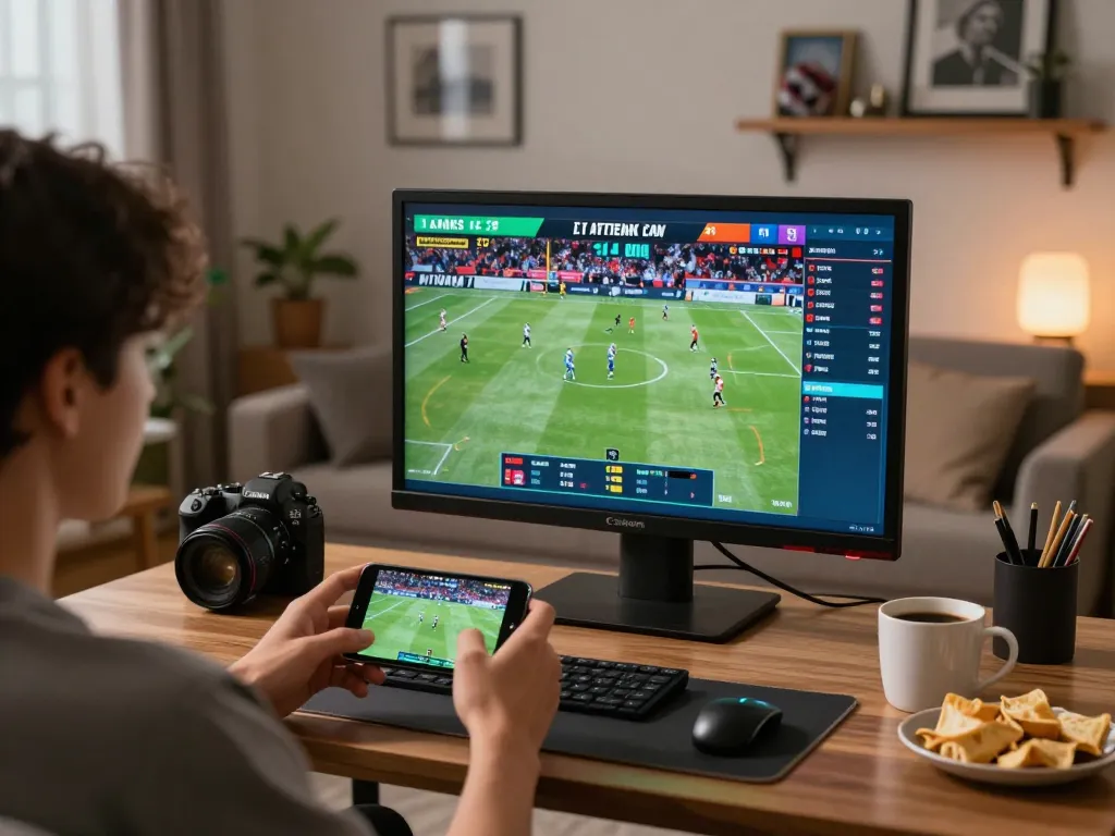 Engaging in online sports betting on thabet through a smartphone while enjoying a cozy home atmosphere.