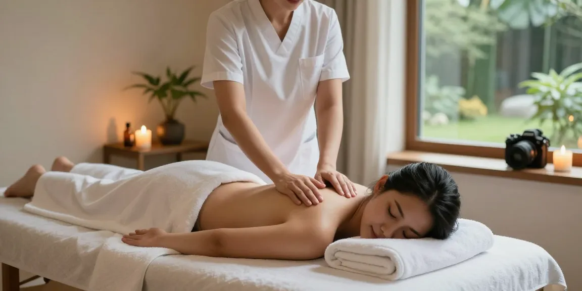 안산출장마사지로 편안한 마사지 받는 고객의 모습과 아로마 오일, 조명, 자연 소품