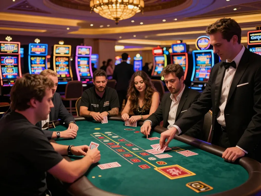 Engaged players at a blackjack table in a lively Las Vegas casino floor from https://777x.bid/ with dynamic gameplay and strategic moments