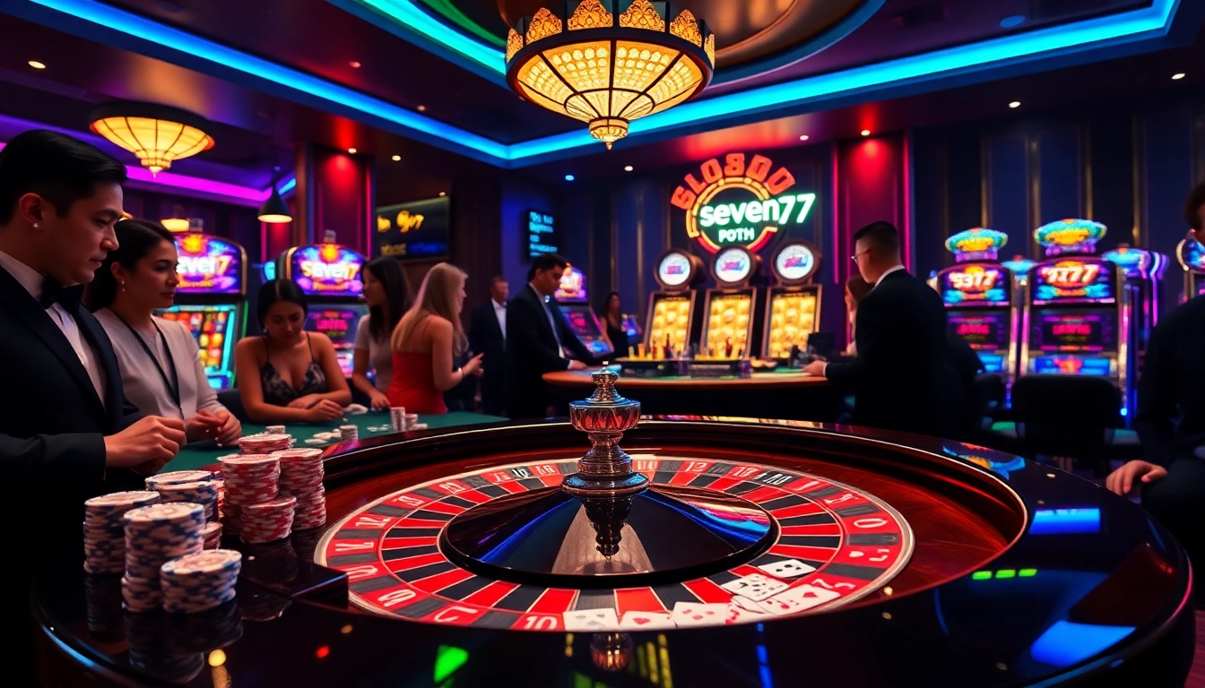 Players engage in high-stakes action at a seven77 branded roulette table in a luxurious casino.