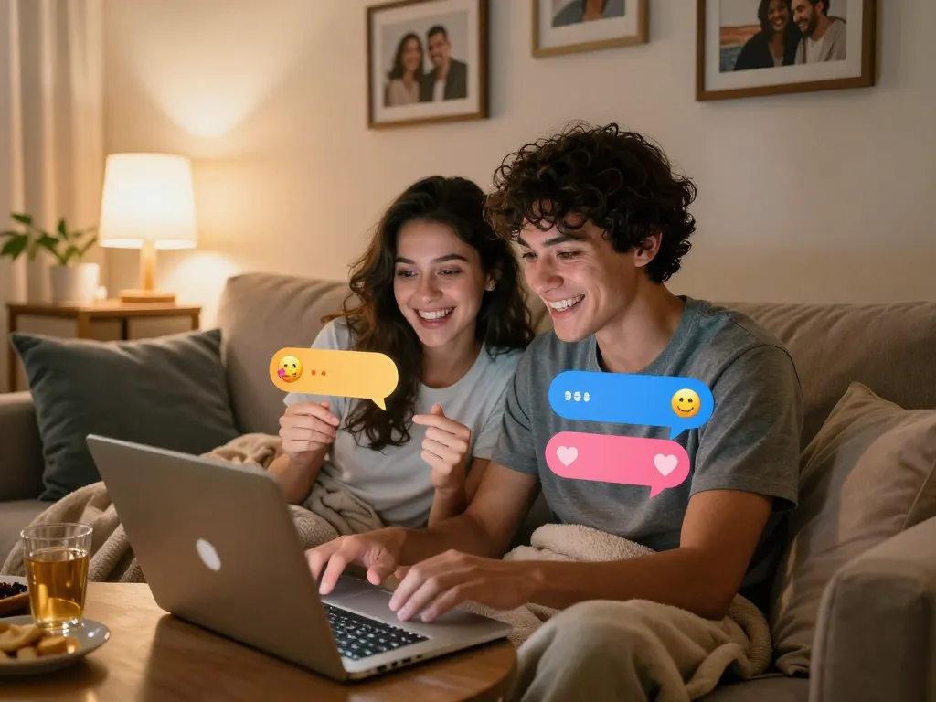 Cozy scene of couple engaged in ai sex chat on laptops, showcasing playful interaction and intimacy