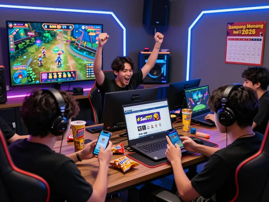 Excited players celebrating wins at POPOTOGEL: Situs Toto Slot Gacor Depo 10k Via Qris & Slot777 Gampang Menang Hari Ini 2026 gaming room, showcasing vibrant atmosphere.
