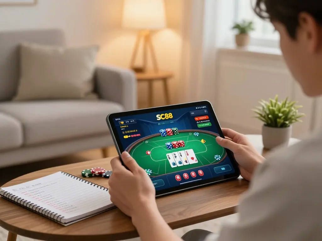 Player enjoying SC88 casino app on tablet at home, showcasing strategic gameplay.