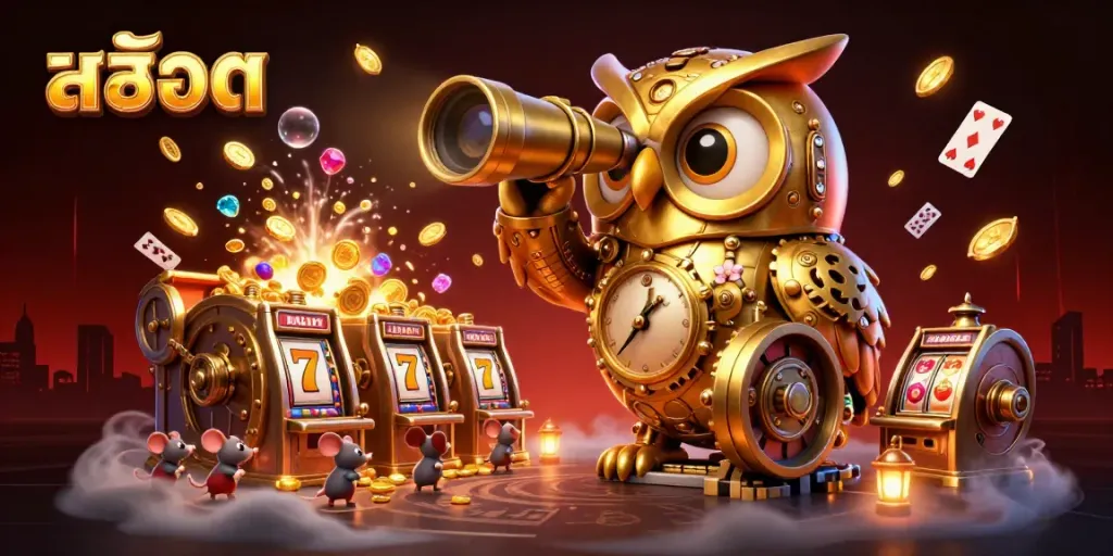 Spin สล็อต reels with a golden owl overseeing the casino floor full of treasures and playful mice.