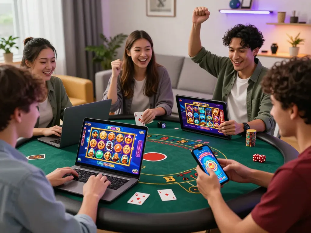 Players enjoying go88 games on various devices in a lively home environment, showcasing the excitement of online gambling.