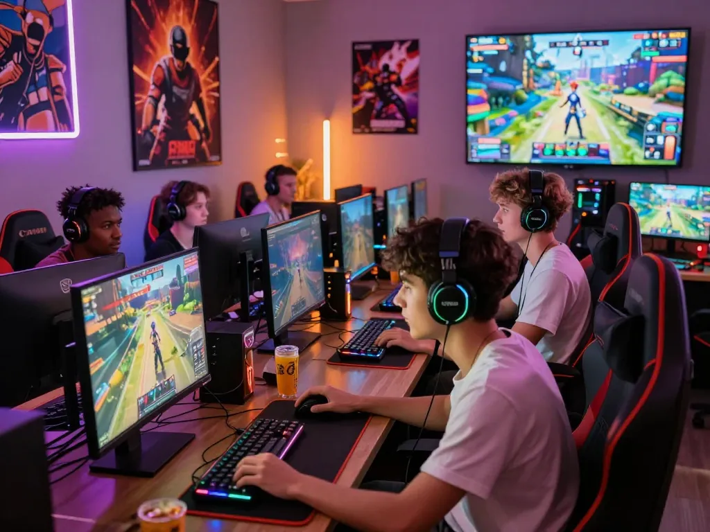 Group of gamers enjoying autowin88 online games in a vibrant setup with LED lights and modern tech.