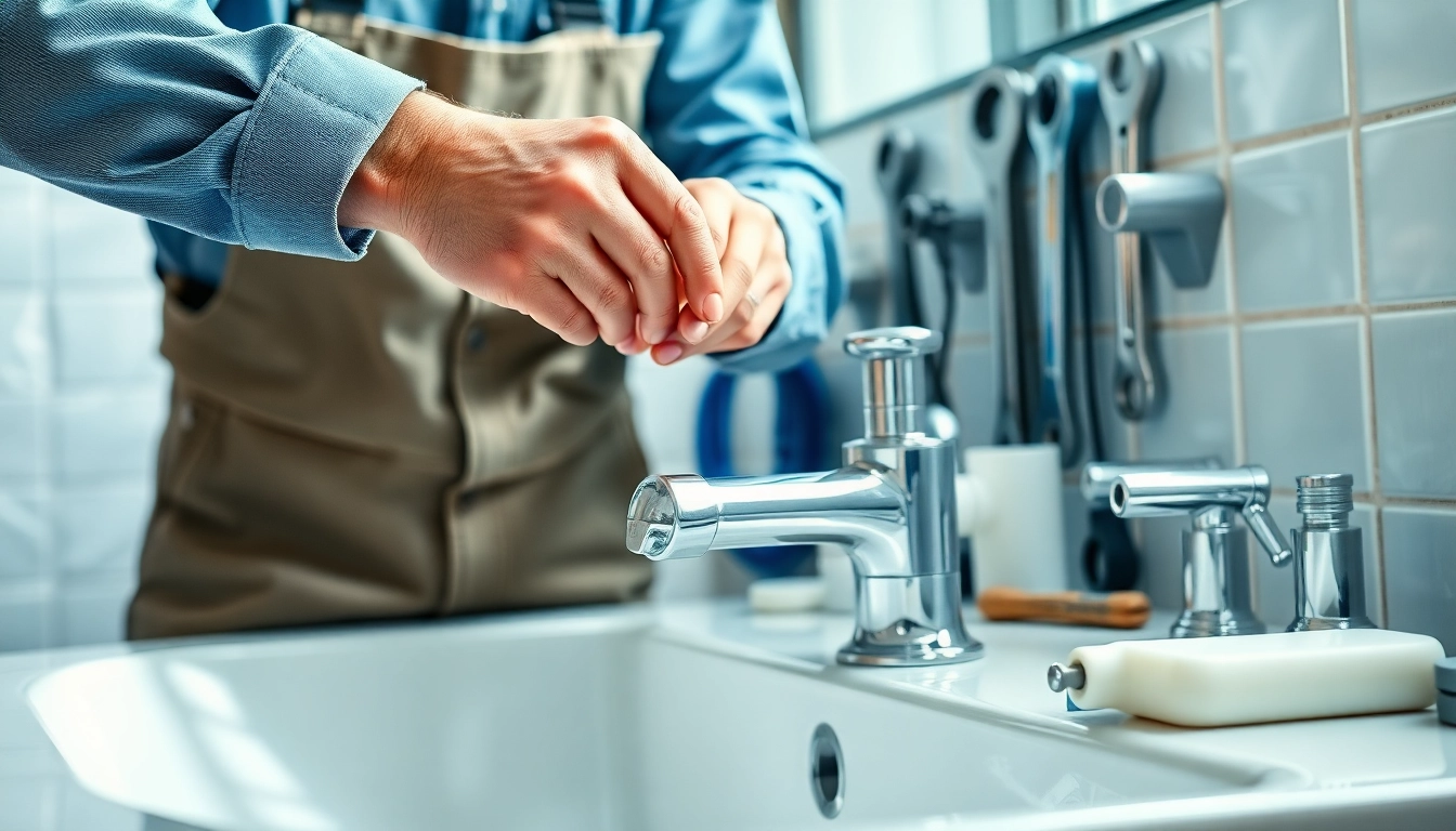 Der Installateur von sonni sanitär GmbH installiert moderne Badezimmerarmaturen mit hochwertigen Werkzeugen.
