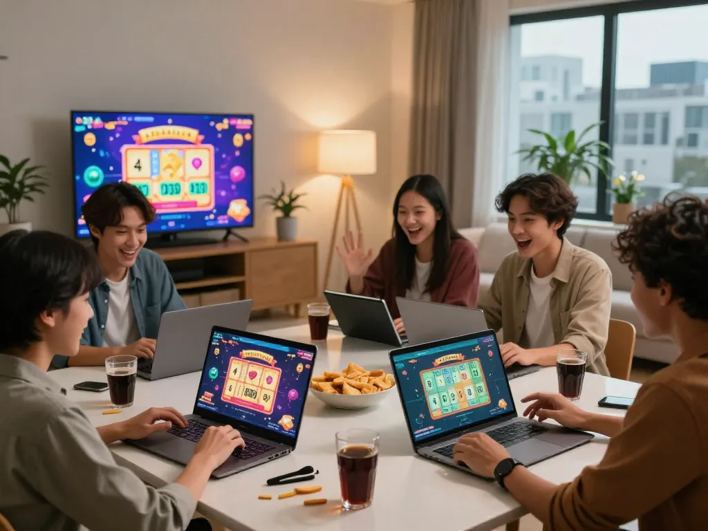 Excited group of friends enjoying Bandar Togel online lottery session with vibrant prizes displayed