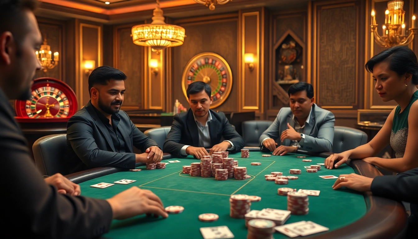 Rasakan keseruan poker online dengan suasana kasino yang cerah menampilkan pemain dan chip poker.