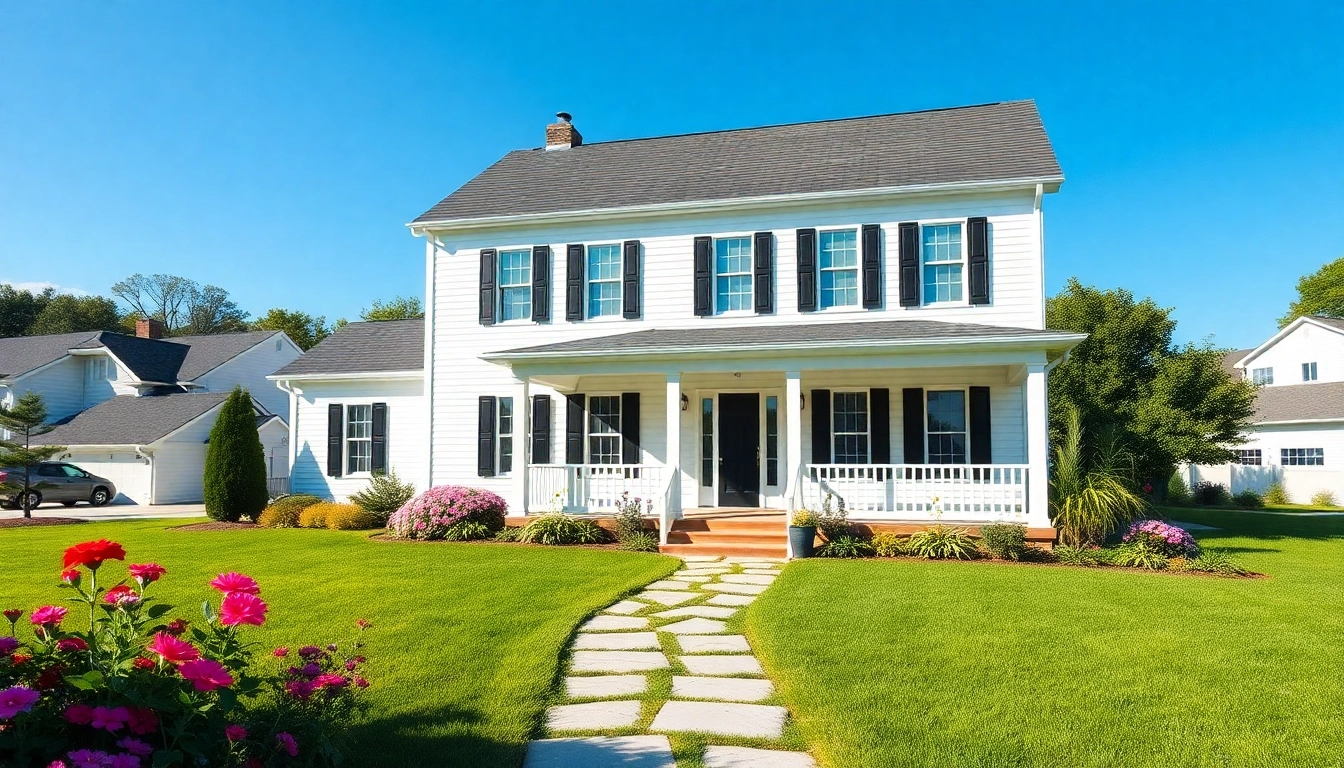 Stunning colonial home new build construction with a welcoming facade and vibrant garden.
