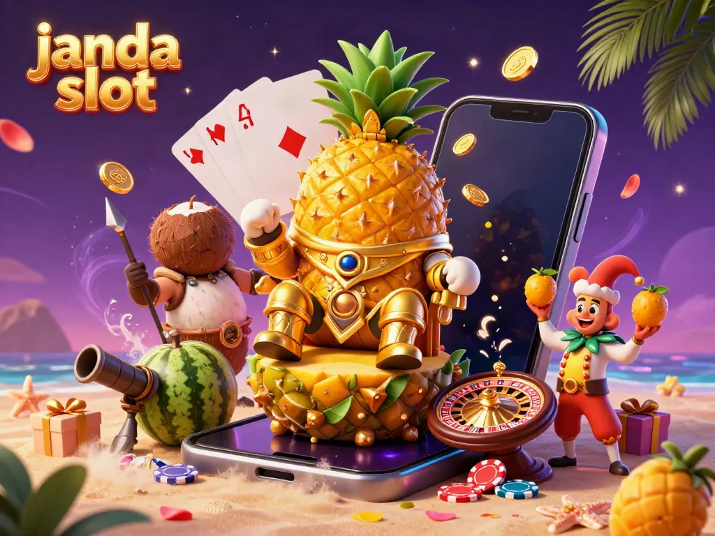 Gambarkan pengalaman menang dengan janda slot dalam ilustrasi kasino pantai yang meriah.