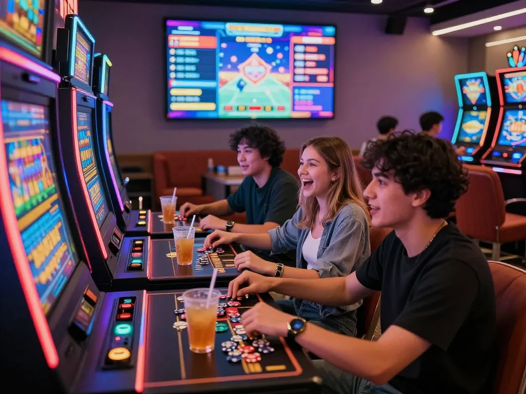 Kumpulan orang yang bersemangat menikmati slot gacor hari ini di kasino digital yang penuh warna.