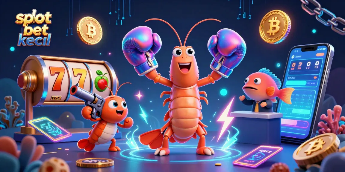 Engage with "slot bet kecil" through vibrant 3D illustration of excited shrimp characters amidst casino elements.