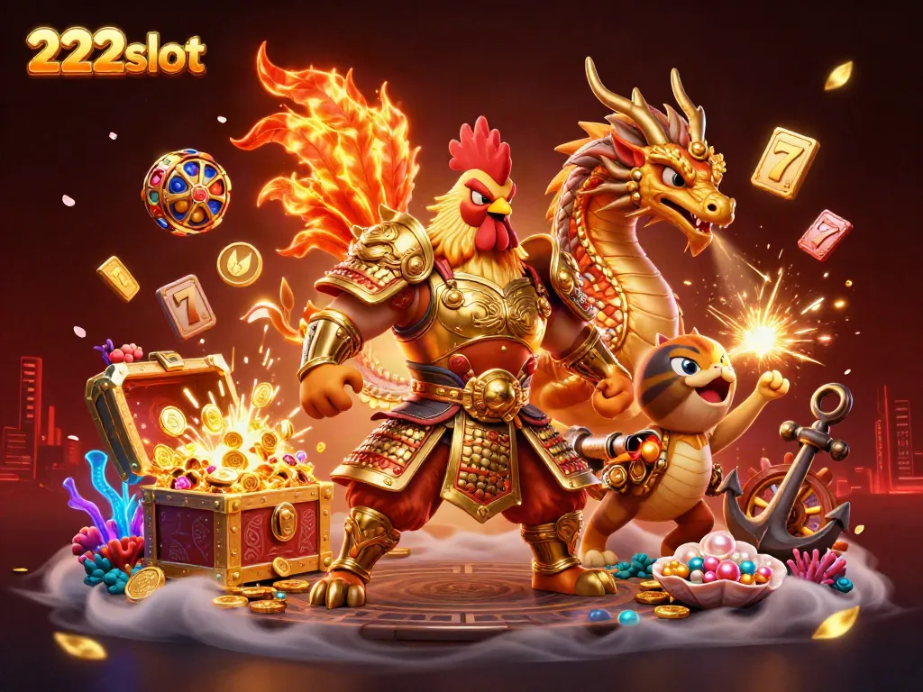 Menggoda kemenangan di 222slot dengan ayam jantan bersenjata samurai dan naga muda, dikelilingi harta karun