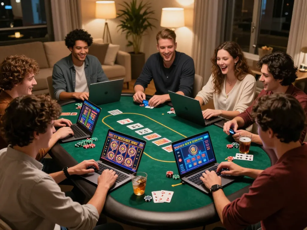 Friends enjoying an online casino gaming night with tg88 atmosphere, vibrant screens and poker chips spread around
