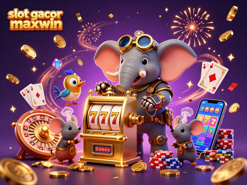 Slot gacor maxwin menampilkan gajah steampunk yang beroperasi mesin slot dengan permata dan koin bertebaran.