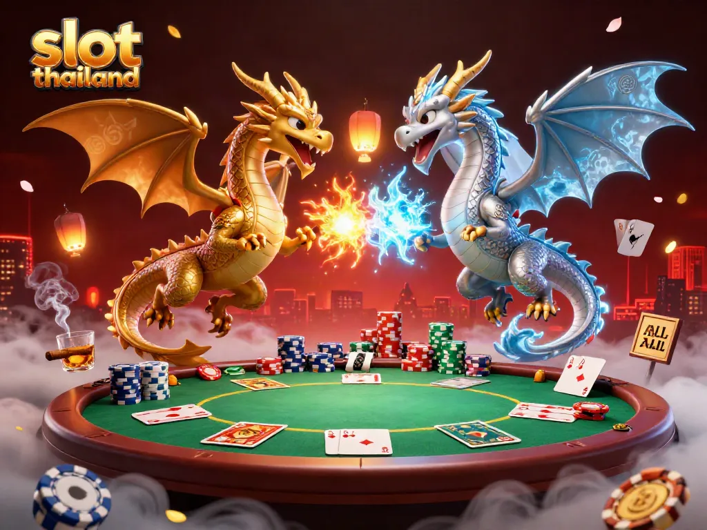 Experience the thrill of slot thailand with 3D dragons, poker action, and vivid casino elements in a captivating scene.