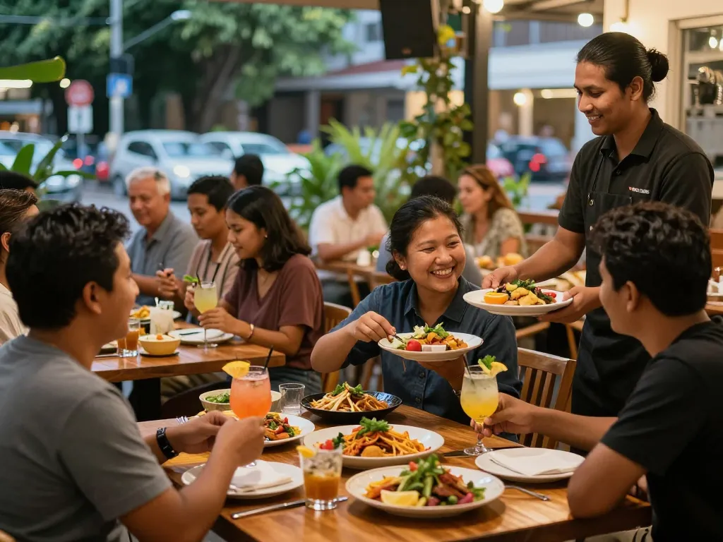 Dining at Pokerseri with vibrant dishes and joyful guests creating a lively atmosphere.