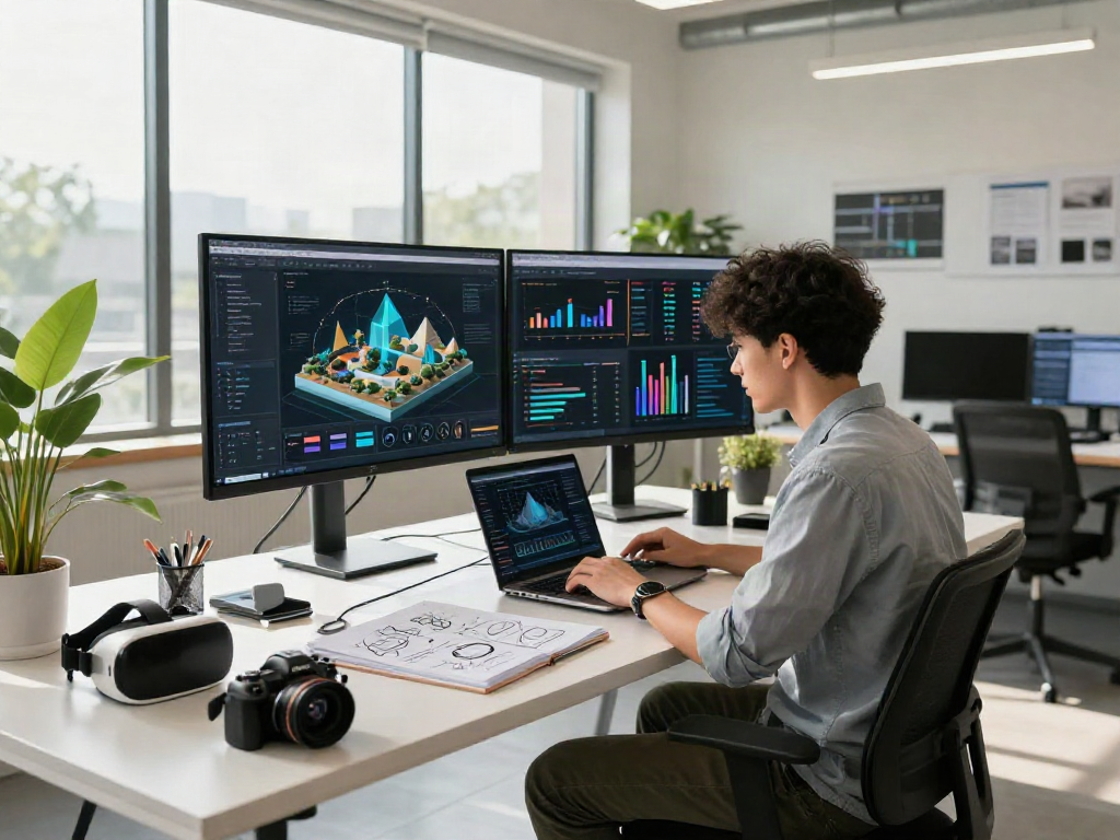 Professional working with AI technology, surrounded by innovative digital tools and data, capturing the essence of 18+ ai advancements.